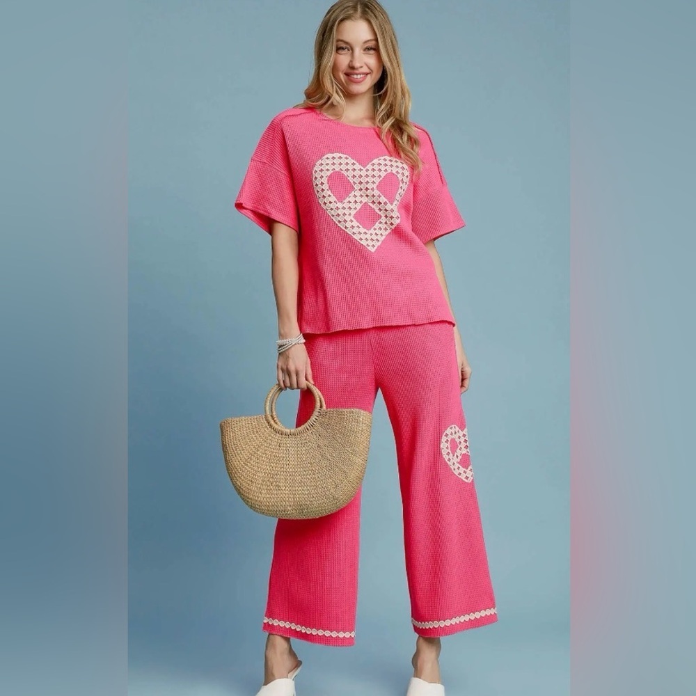 Umgee Pink Heart Crochet Cropped Pant and top Set.